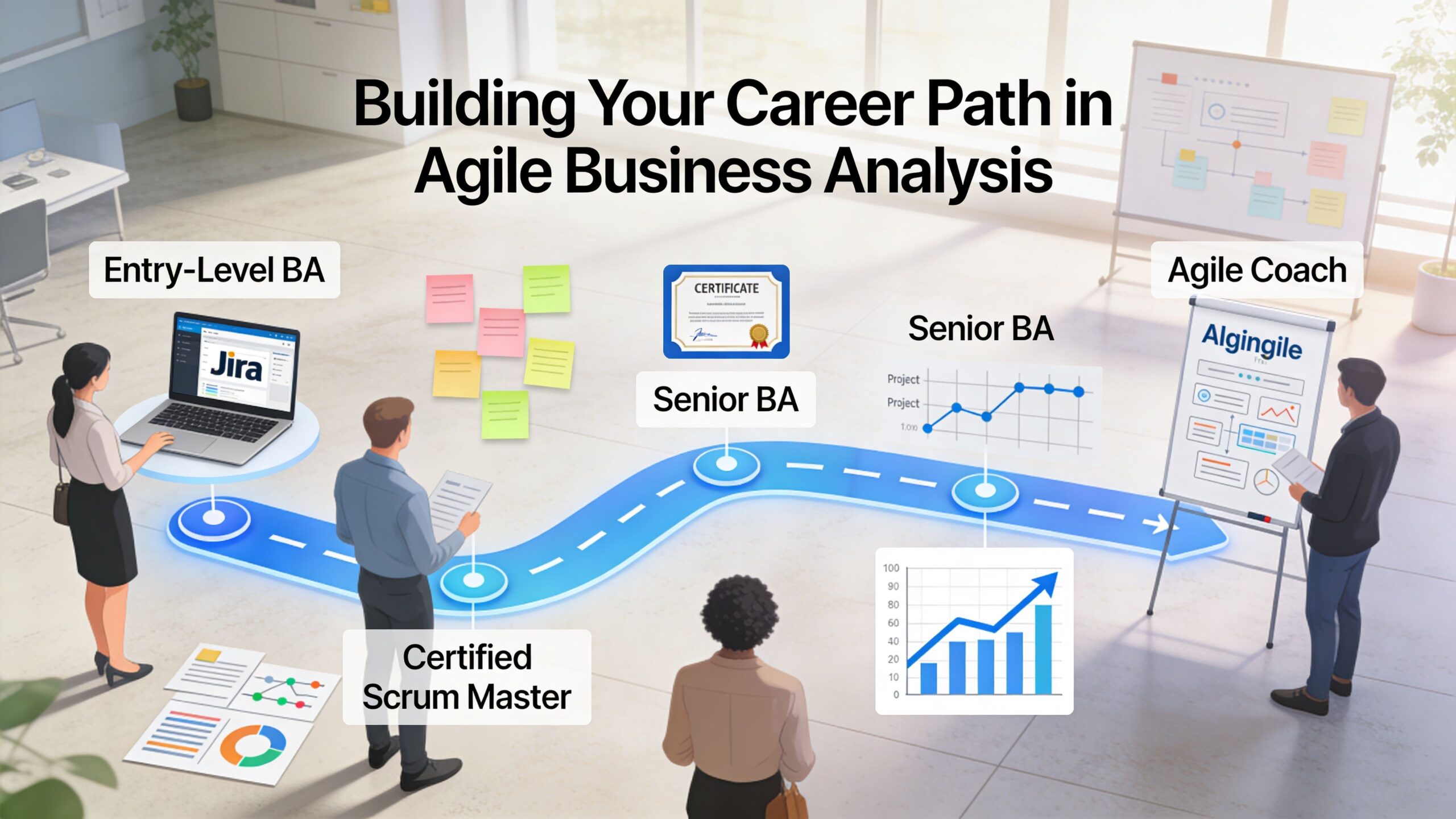 A professional infographic showing a career path for Agile Business Analysts, from entry-level to agile coach.