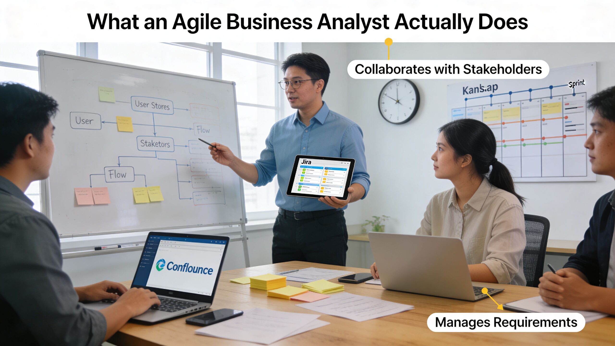 An agile business analyst leads a team meeting while presenting project workflows and management tools on tablets.
