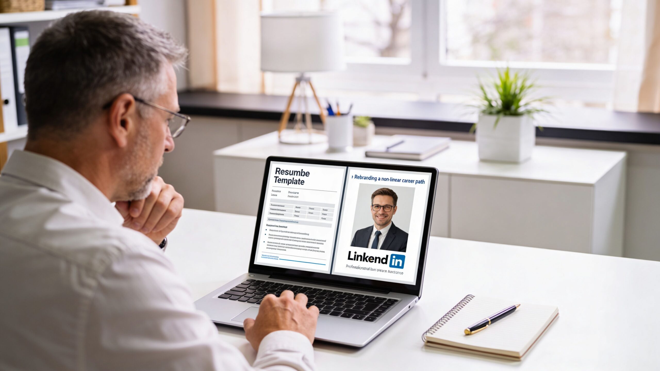 A professional man reviewing a career change resume template on his laptop computer at an office desk.