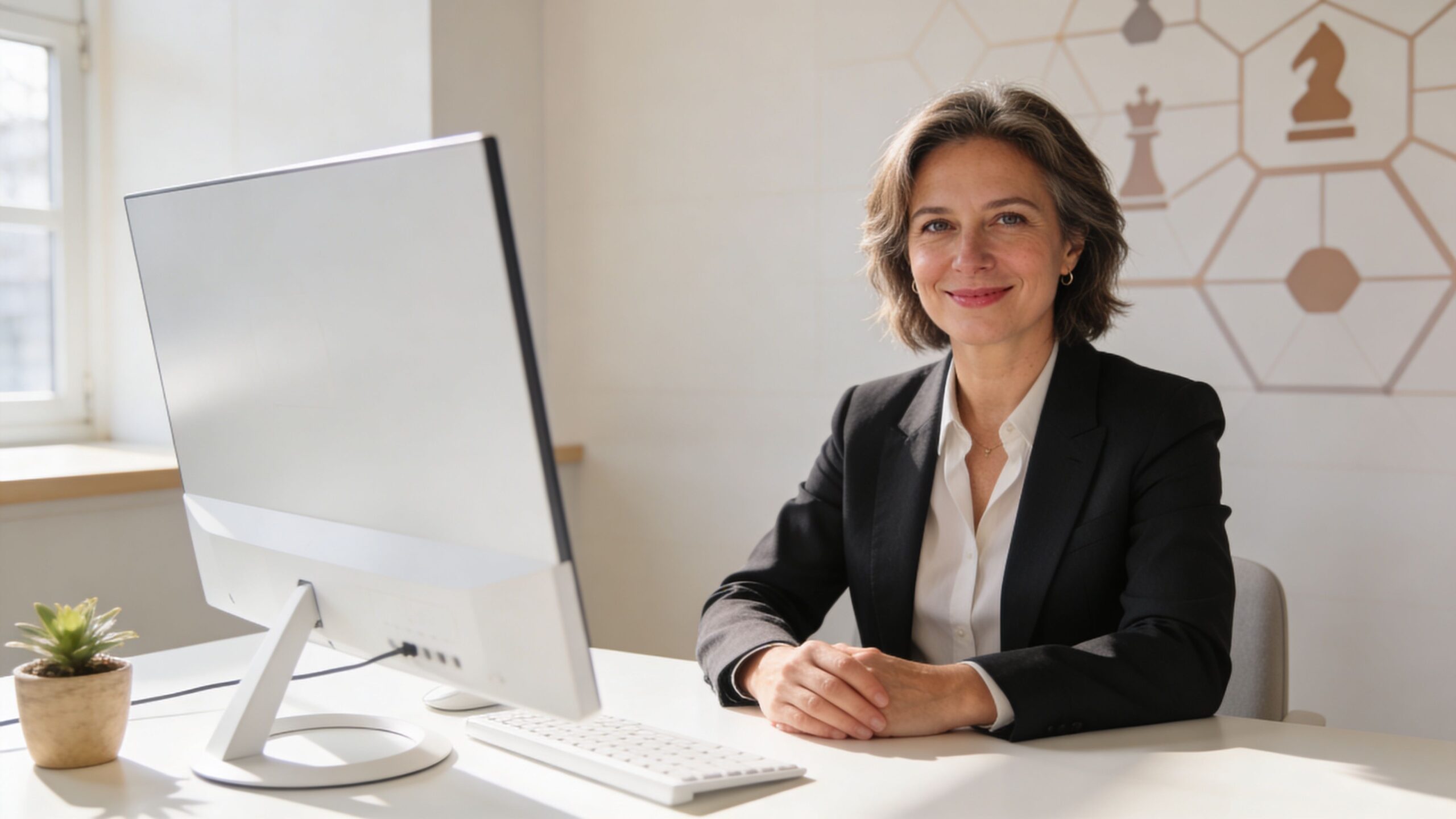 A professional woman in a business suit sitting at her desk with a computer, smiling confidently.