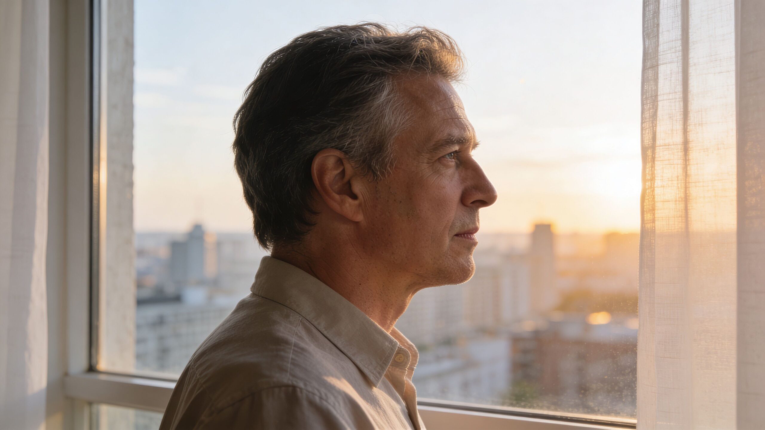 A middle-aged man looking thoughtfully out of a high-rise window at a cityscape during sunset.