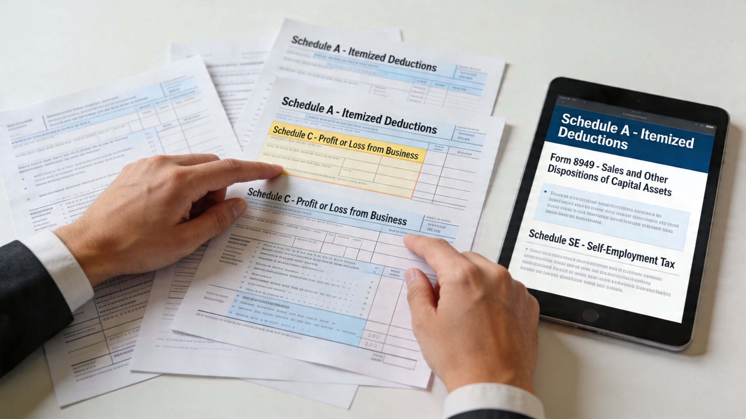 A professional analyzing various tax forms and digital documents related to business profits and individual deductions.