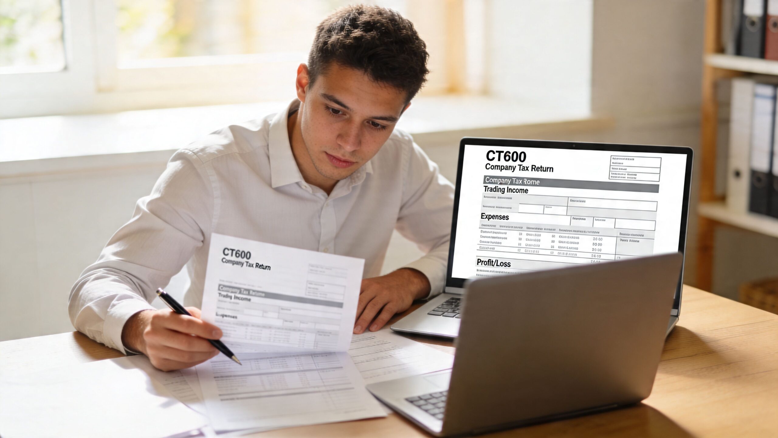 A professional man reviewing his company tax return CT600 documents while working on a laptop computer