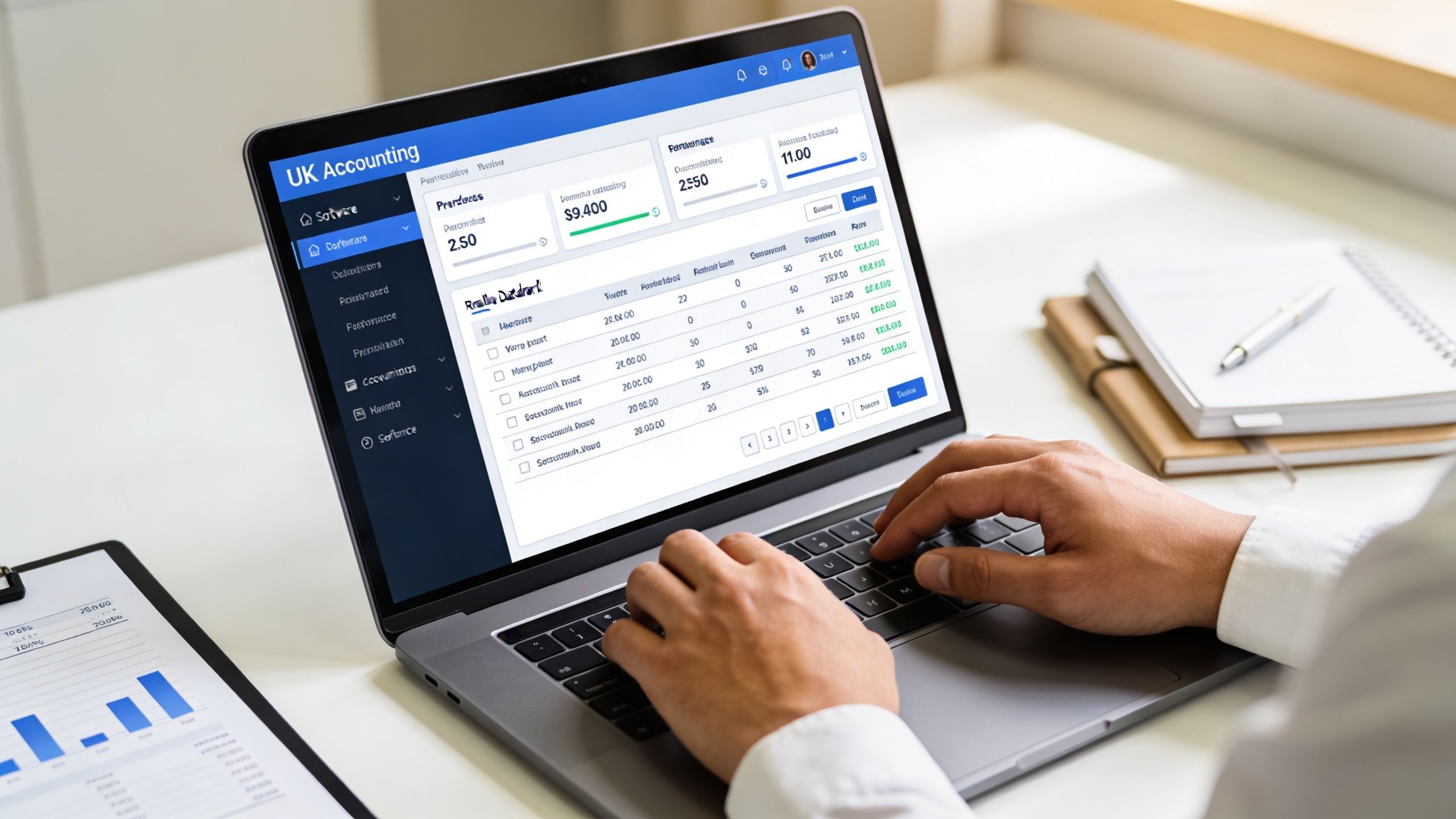 A professional accountant using a laptop to manage financial data in accounting software in a bright office.