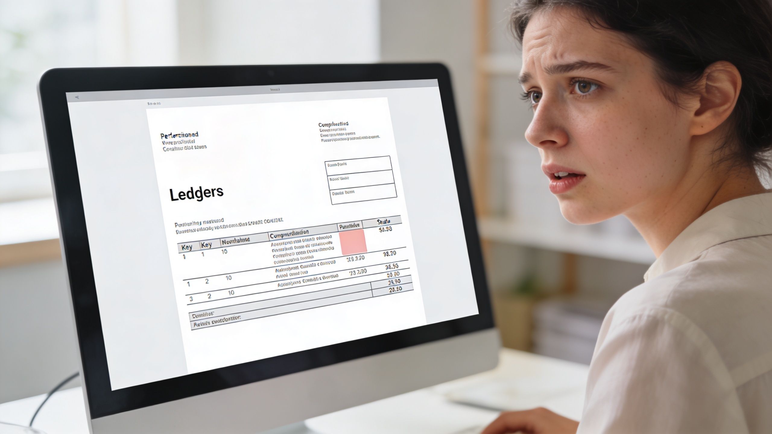 A young woman looking concerned while reviewing a digital ledger document on a computer monitor.