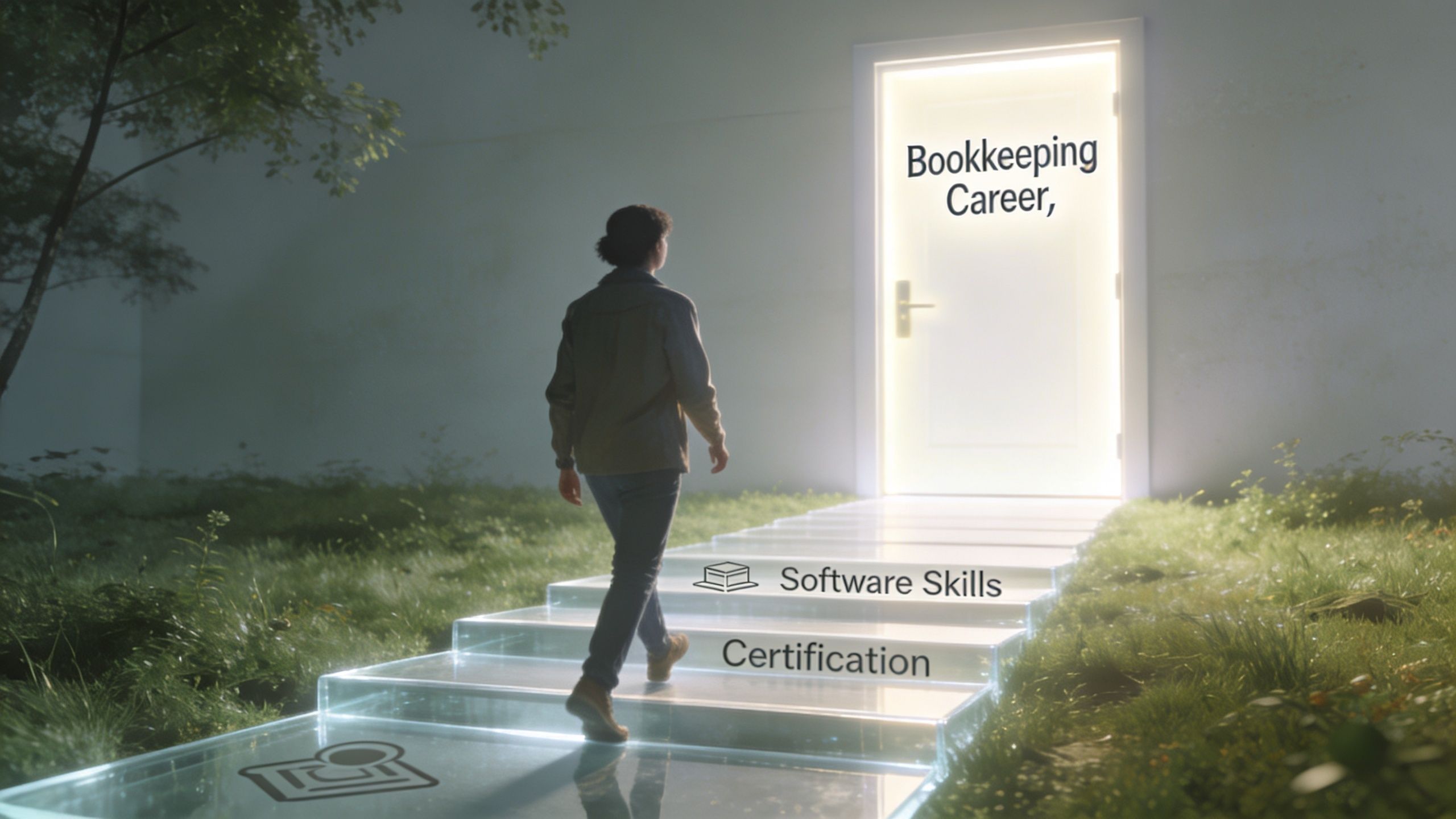 A person walks up glowing stairs toward a bright door labeled Bookkeeping Career, symbolizing professional career advancement.