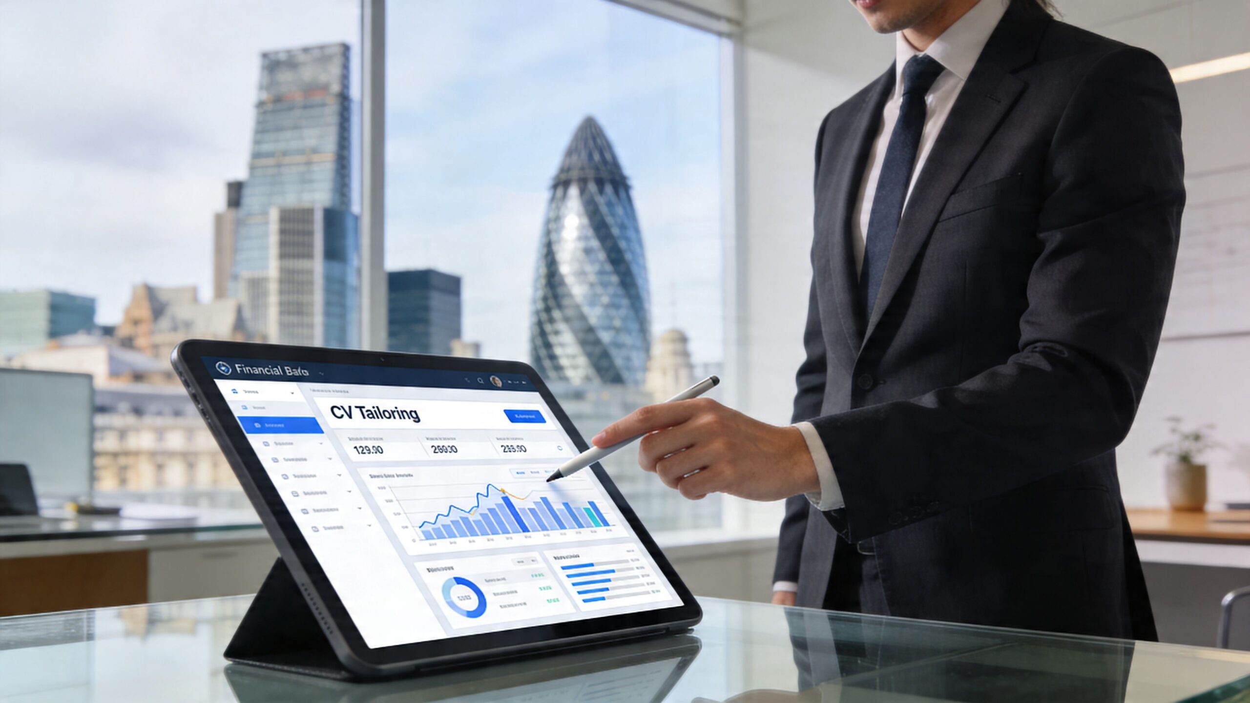 A professional man in a suit using a stylus to analyze business performance metrics on a tablet.