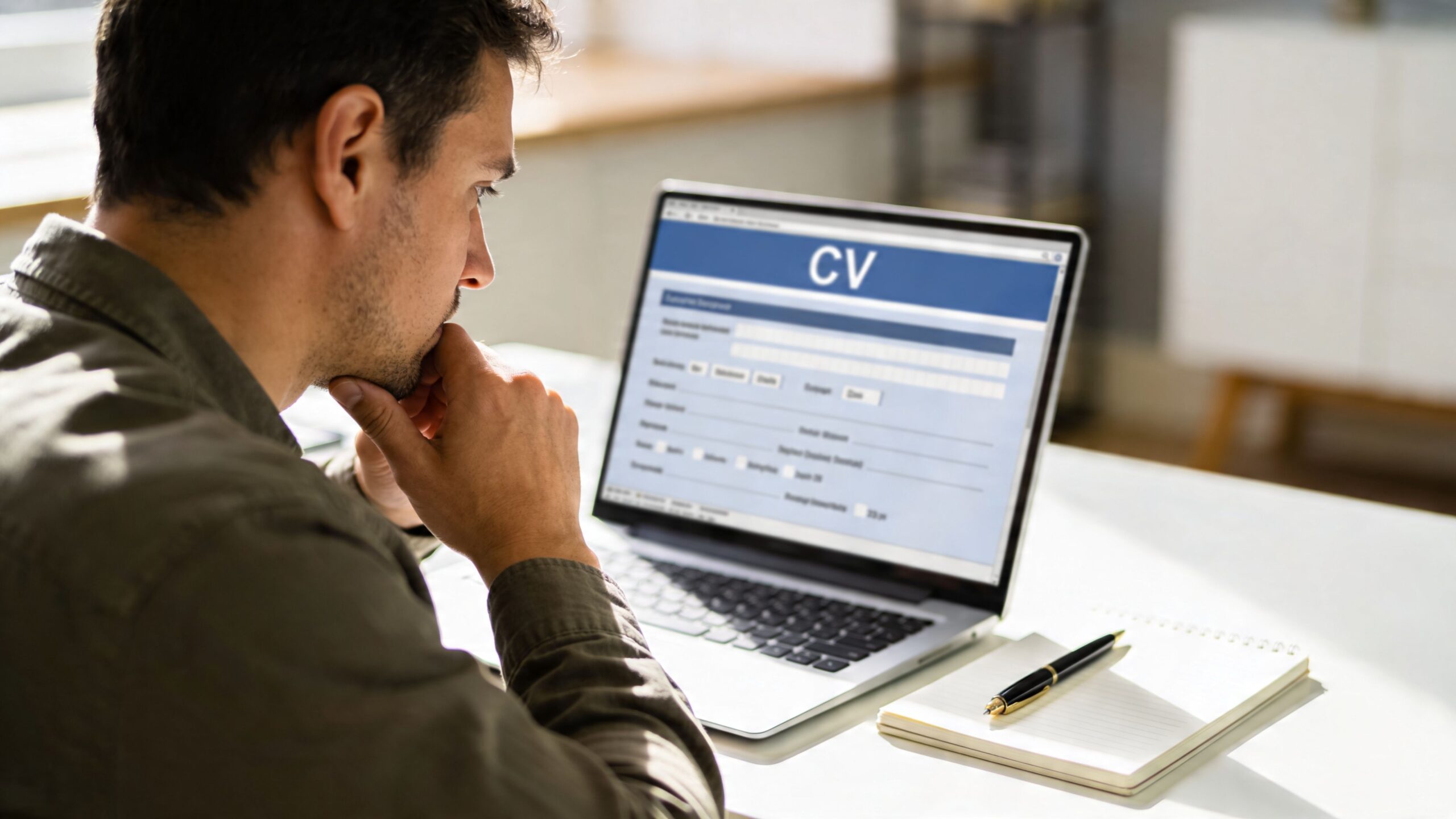 A focused man sitting at a desk and reviewing his curriculum vitae on a laptop screen.