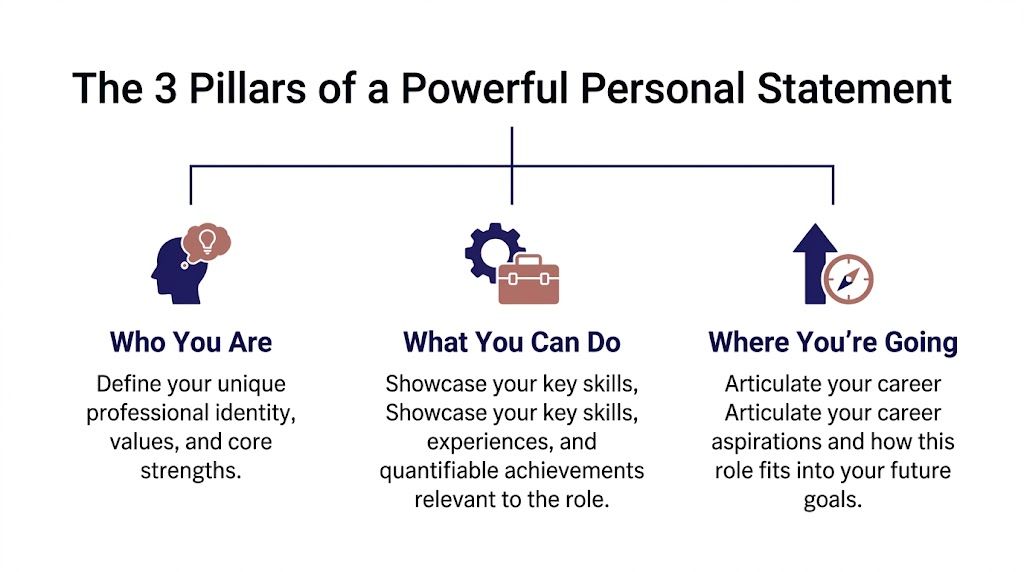 An infographic showing the three pillars of a powerful personal statement for a professional CV.