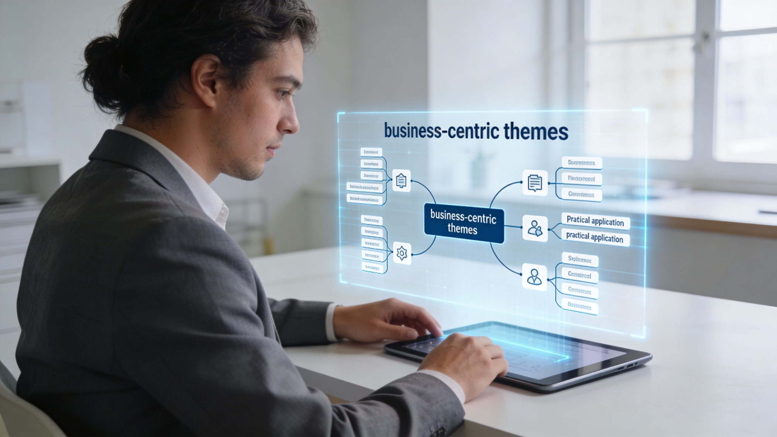 A professional man interacting with a digital holographic display showcasing business-centric themes for environmental management concepts.