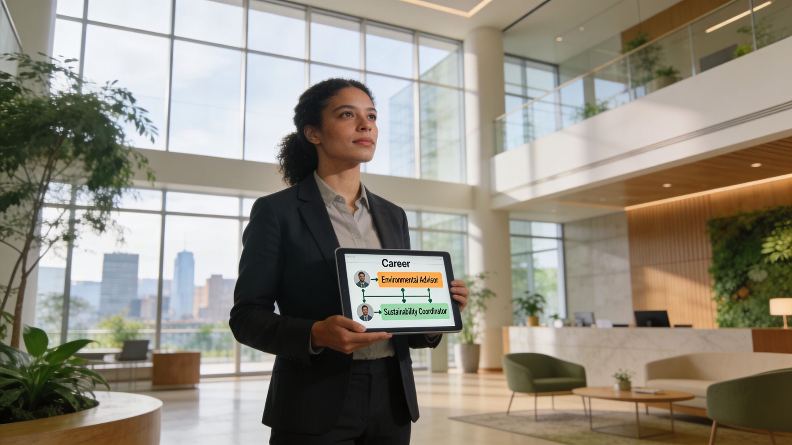 A professional woman holding a tablet showing a career path for environmental advisor and sustainability coordinator roles.