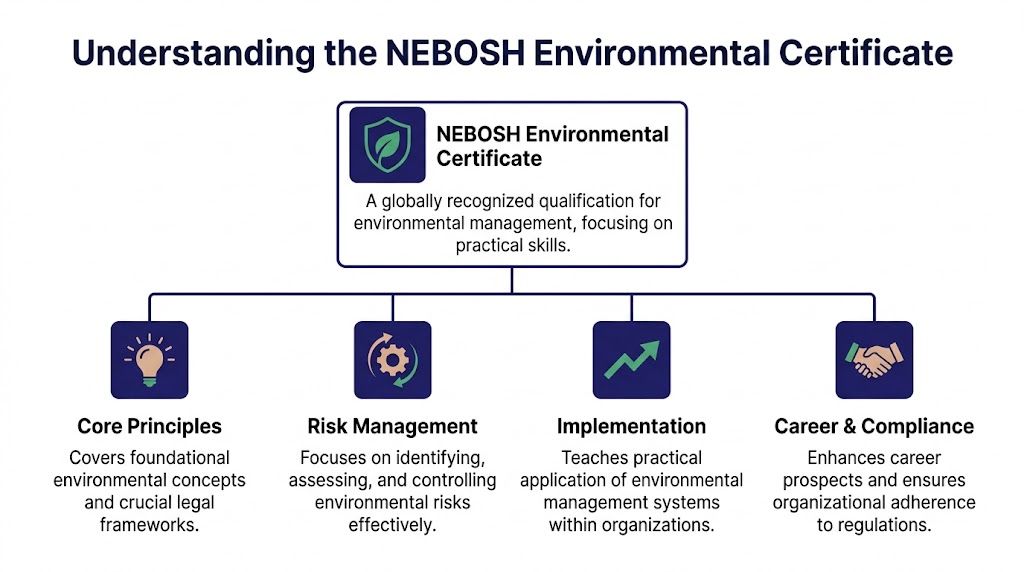 An infographic titled Understanding the NEBOSH Environmental Certificate, outlining its core principles, risk management, and career benefits.