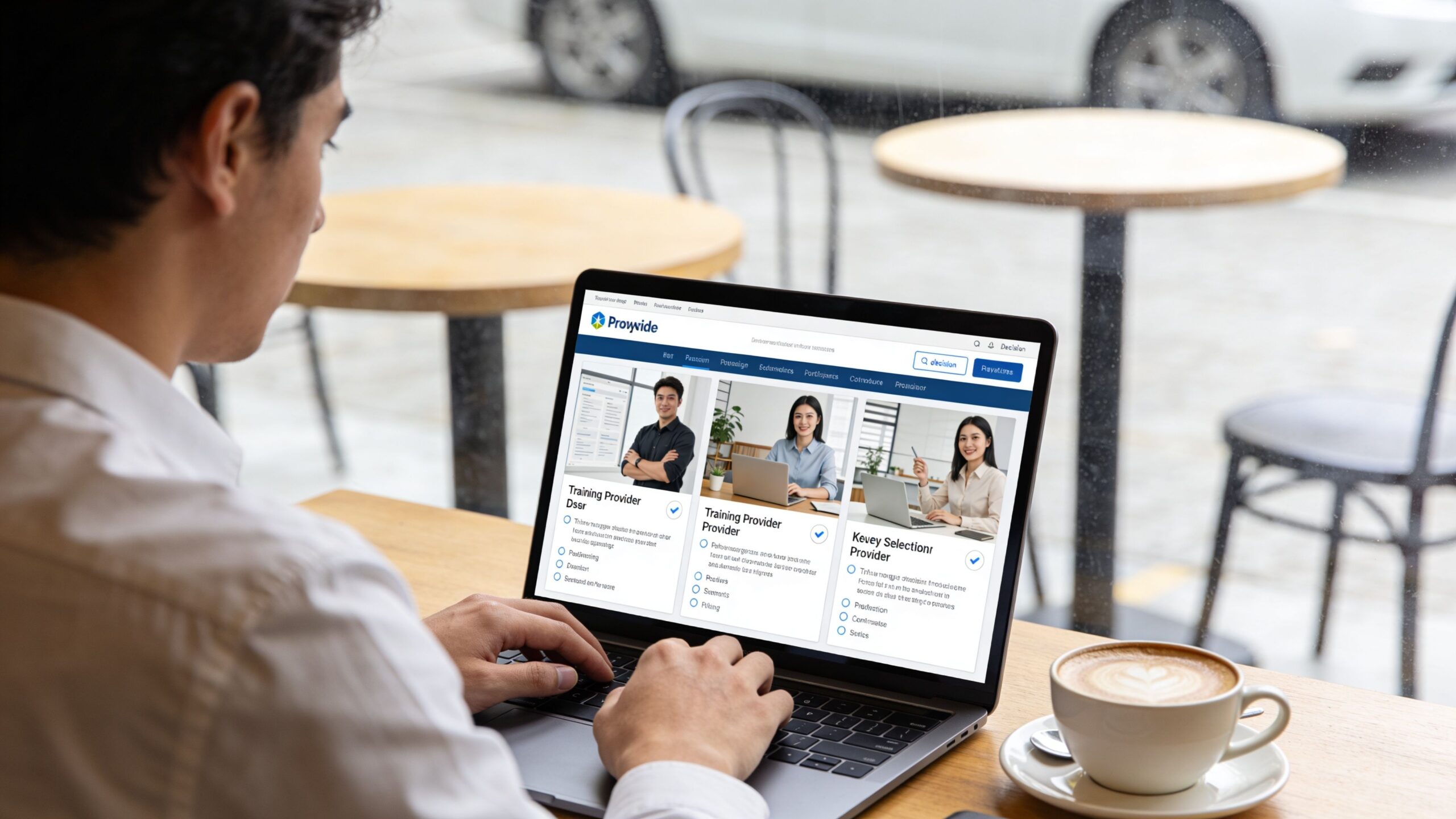 A man using a laptop at a cafe to browse a professional service provider selection website.