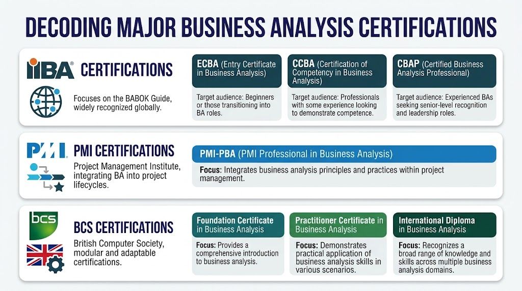 A visual guide summarizing major business analysis certifications from IIBA, PMI, and BCS organizations.