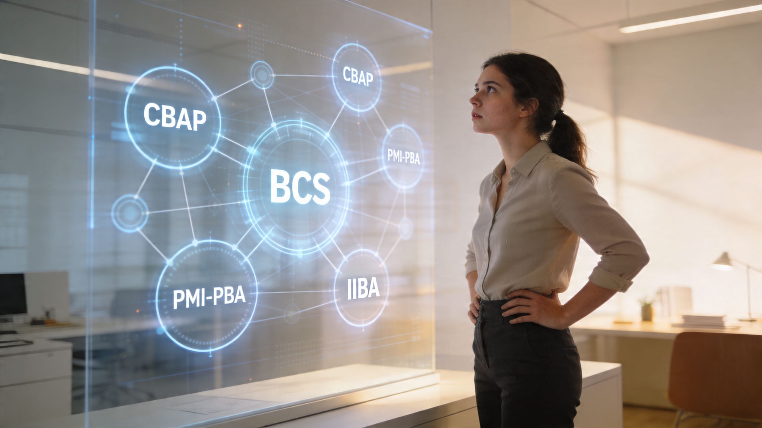 A professional woman looking at a futuristic digital display featuring business analysis certification acronyms like BCS, CBAP, and IIBA.
