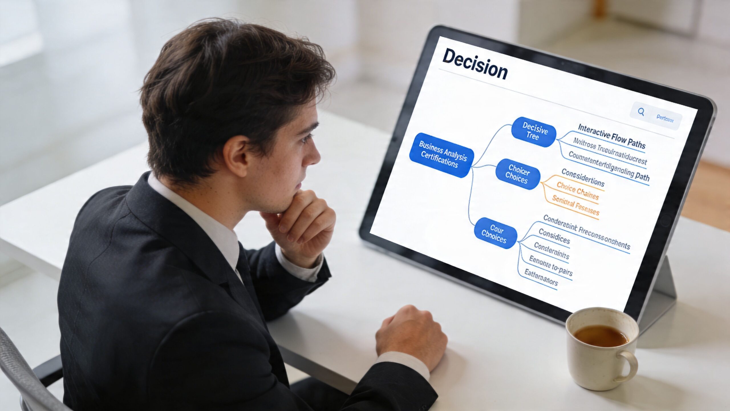 A professional man in a suit looking at a business analysis certification decision tree on his tablet.
