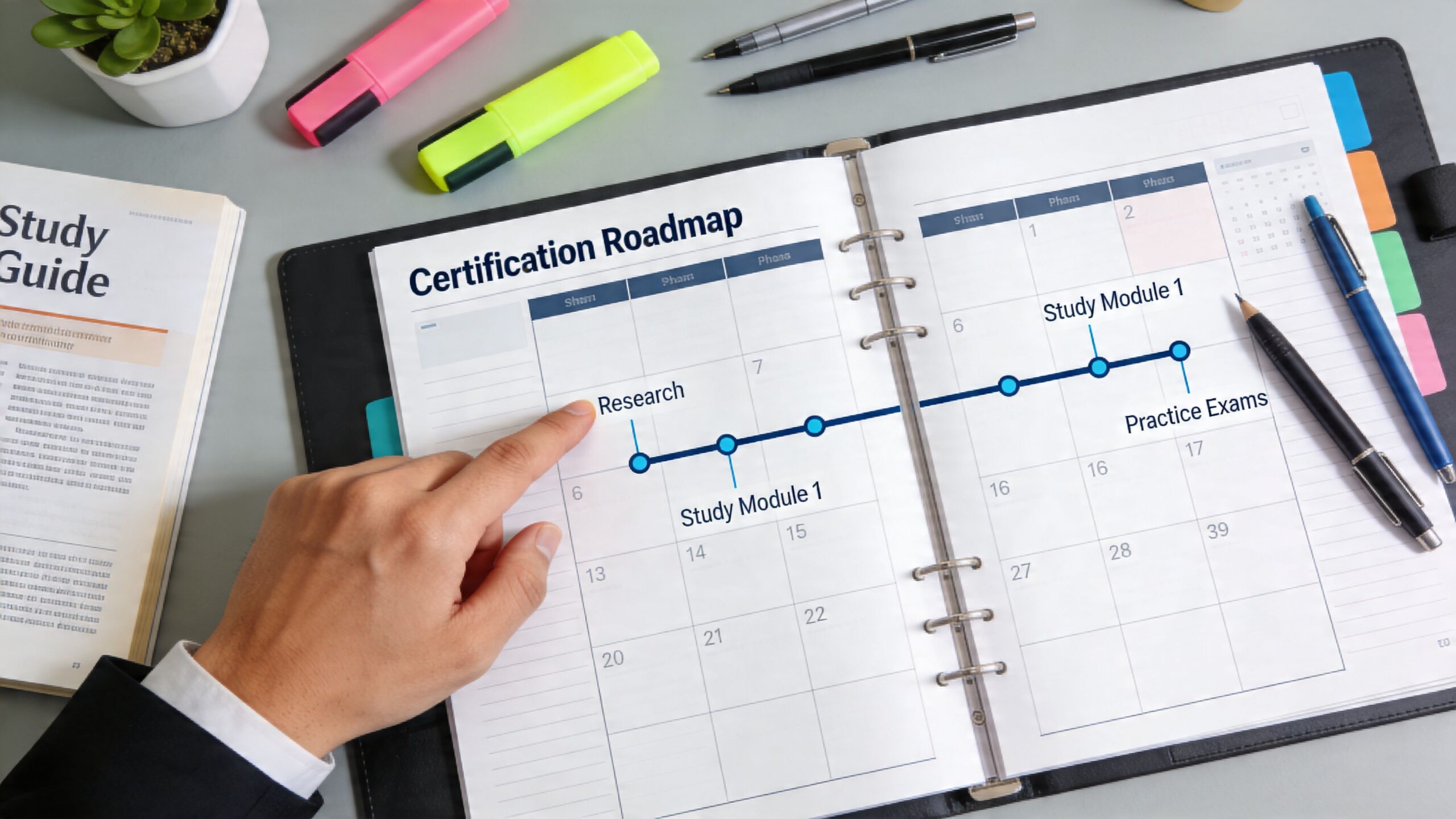 A professional holding a finger on a certification roadmap laid out in a notebook on a desk.