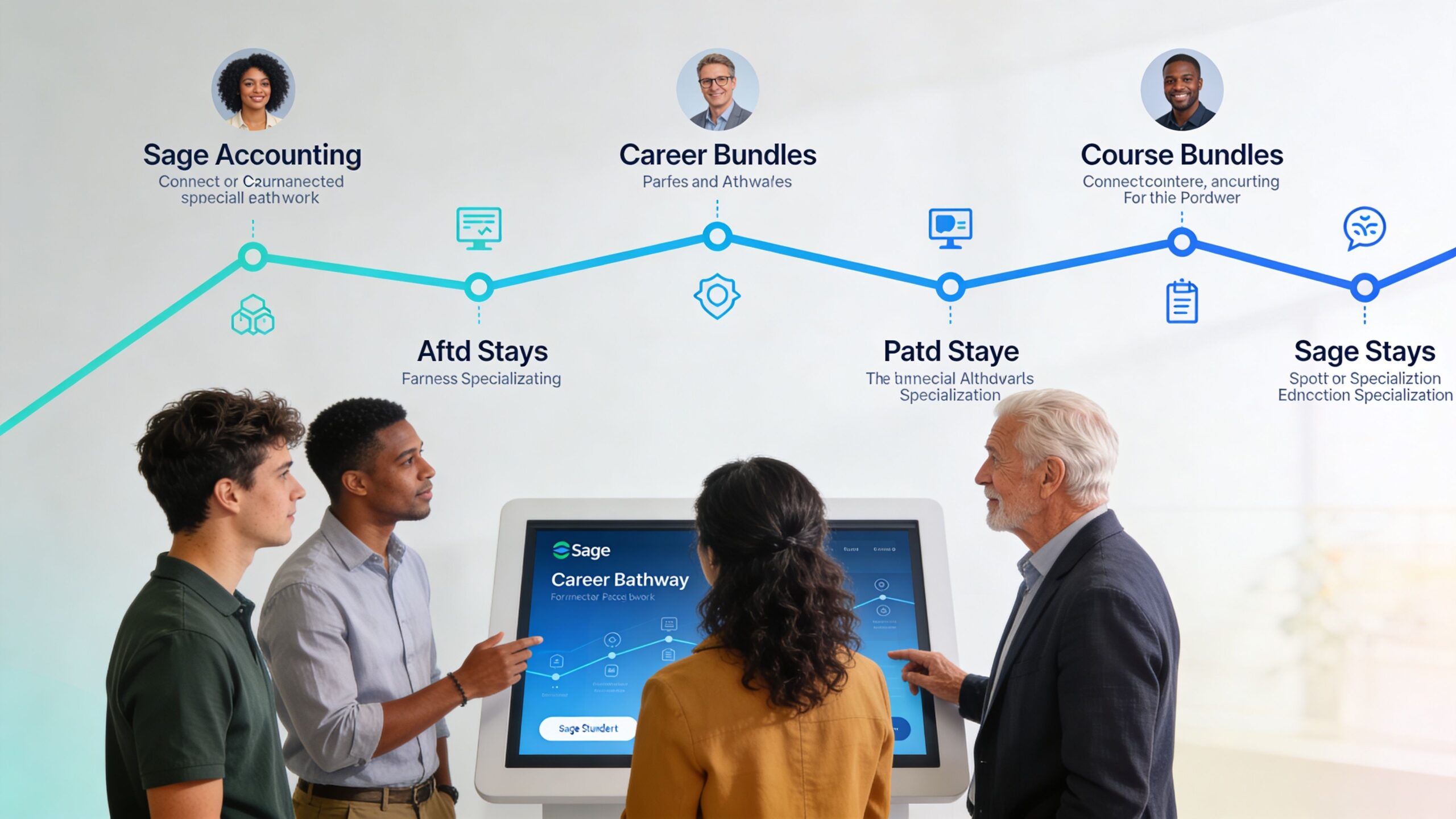 A diverse group of professionals interacting with an interactive touchscreen displaying Sage accounting software training pathways and bundles.