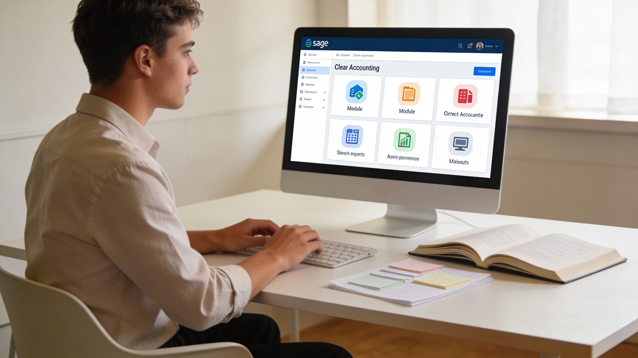 A young man sitting at a desk typing on a computer while studying accounting software modules.