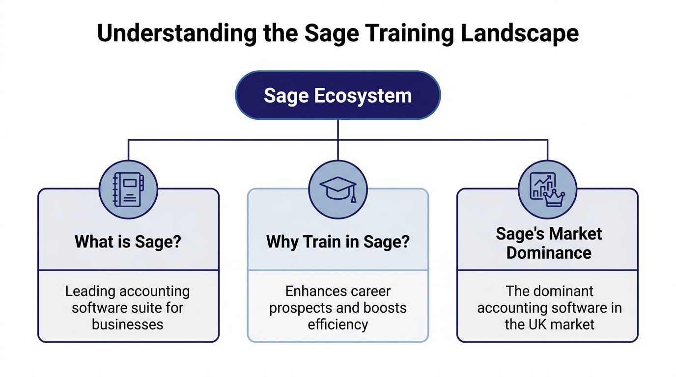 An infographic titled Understanding the Sage Training Landscape, explaining Sage software, training benefits, and market dominance.