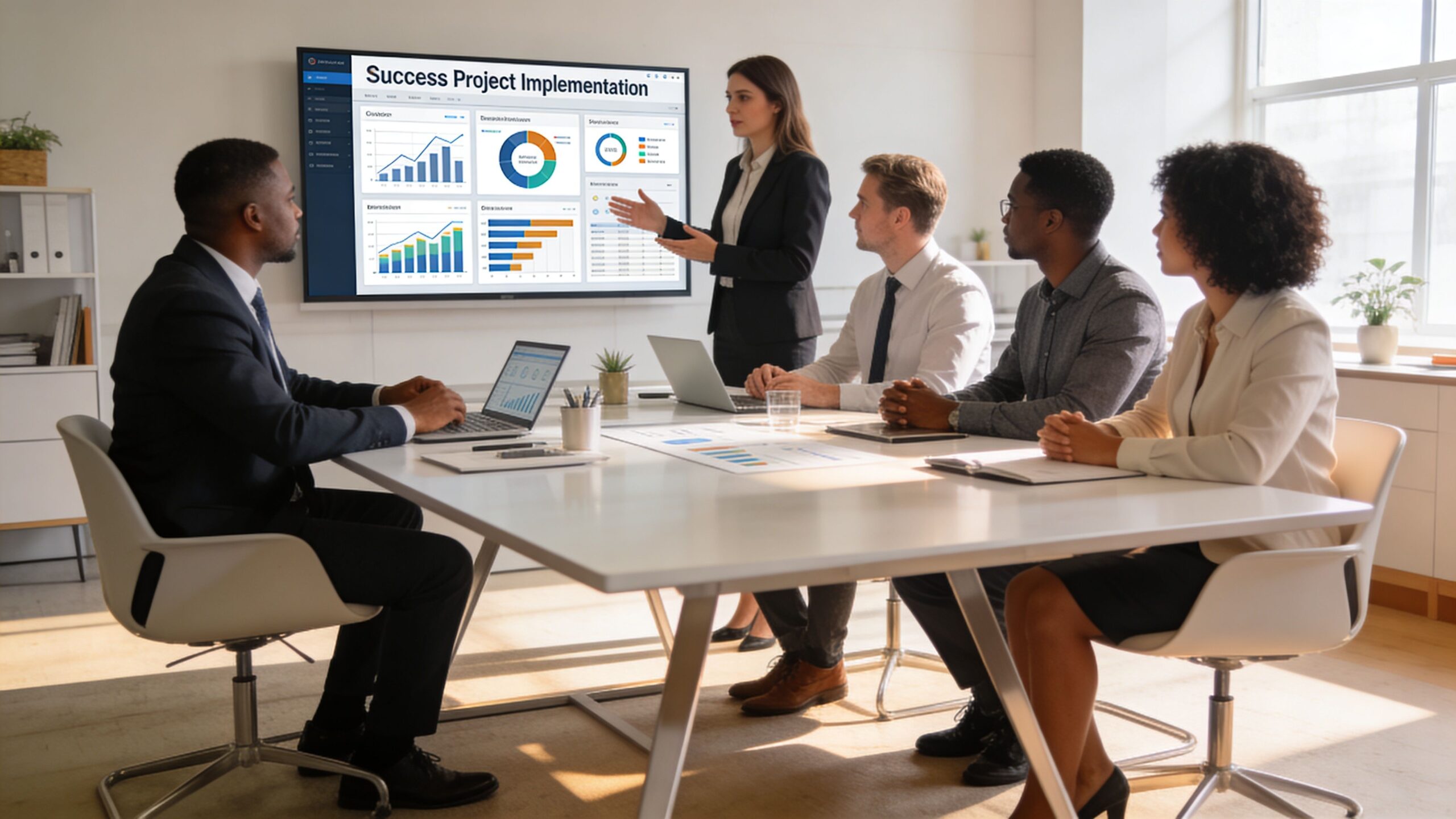 A professional team holding a meeting in a conference room with a Success Project Implementation presentation