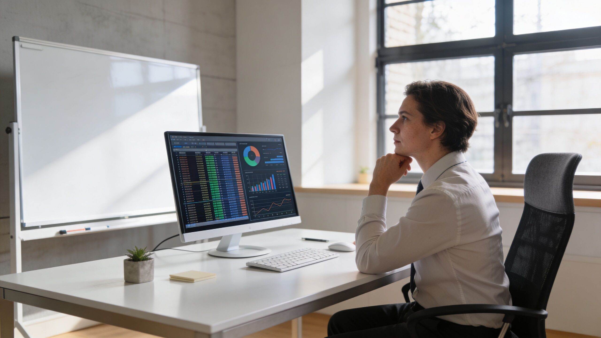 A professional man sitting at his desk analyzing complex financial charts and data on his computer monitor.