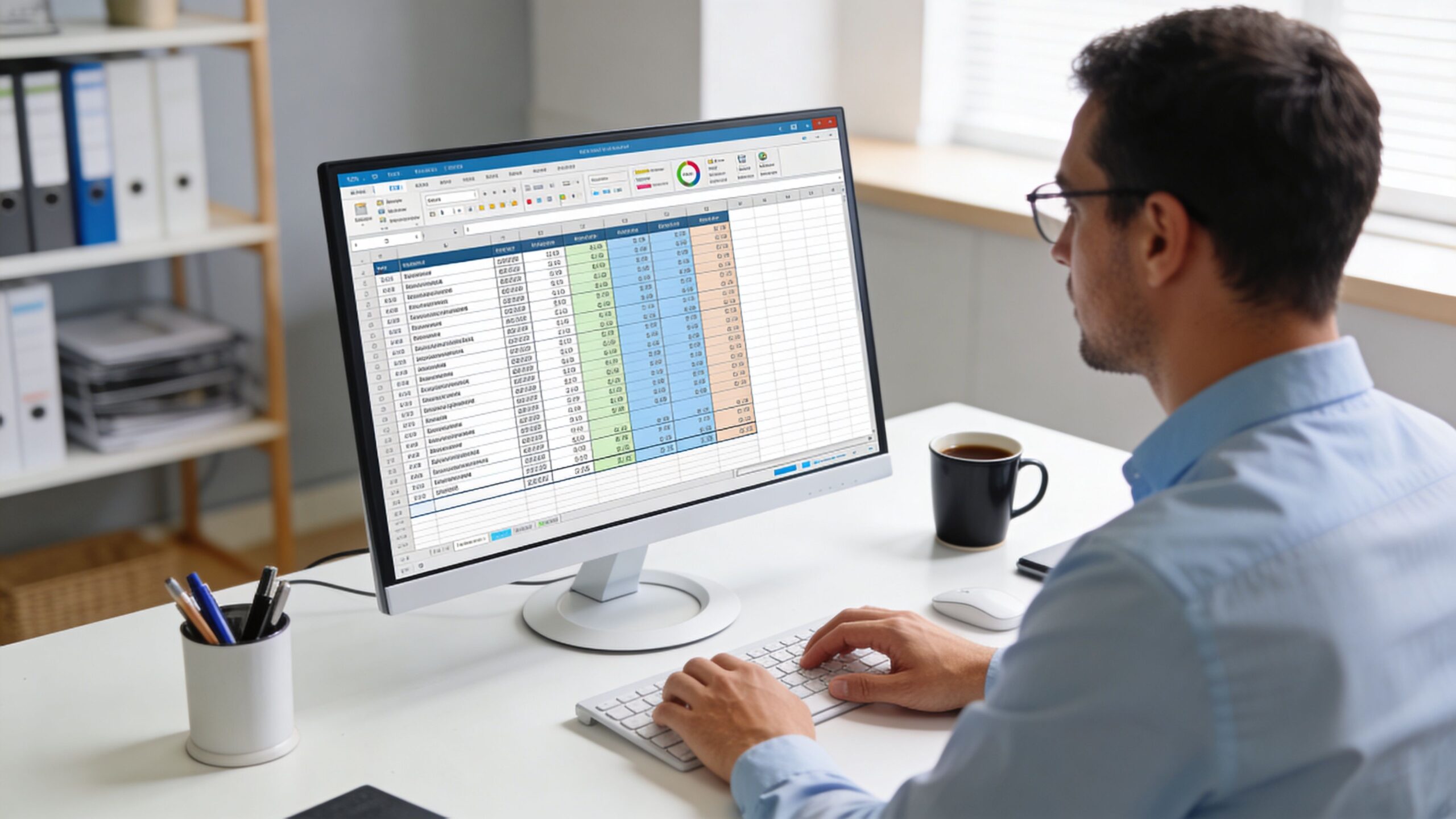 A professional man wearing glasses works at his desk, analyzing data on a computer monitor displaying spreadsheets.