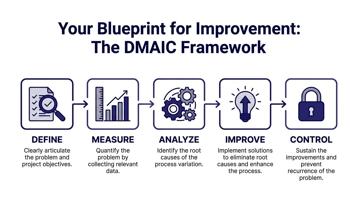 A diagram illustrating the five stages of the DMAIC process improvement framework: Define, Measure, Analyze, Improve, Control.