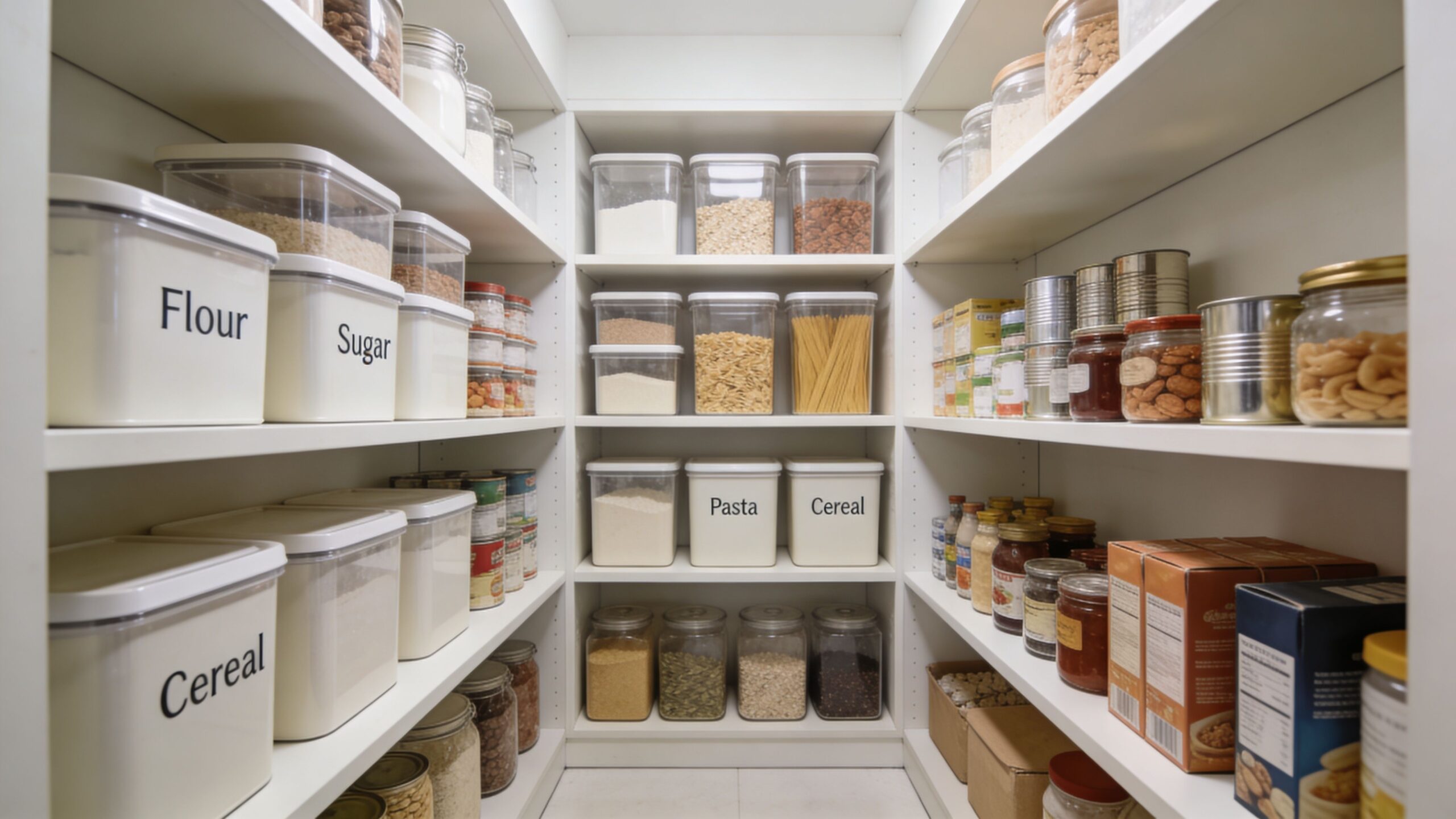 A neatly organized home pantry with shelves filled with clear containers of dry goods and canned food items.
