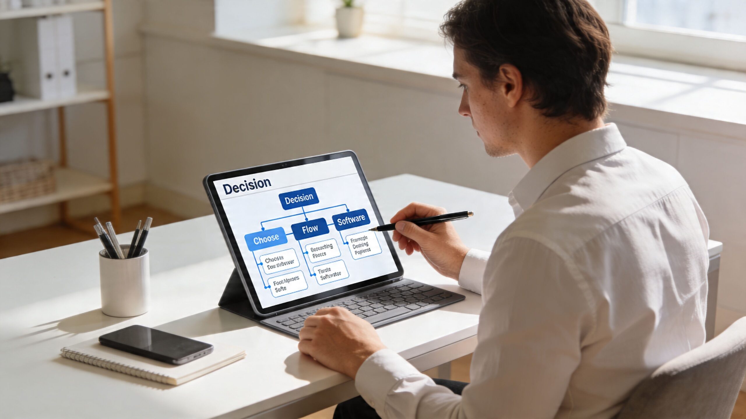 A professional man working on a business decision flowchart displayed on a digital tablet at his office desk.
