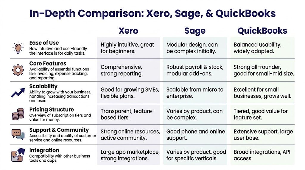 A comparison chart outlining features of Xero, Sage, and QuickBooks accounting software for business management and scalability.
