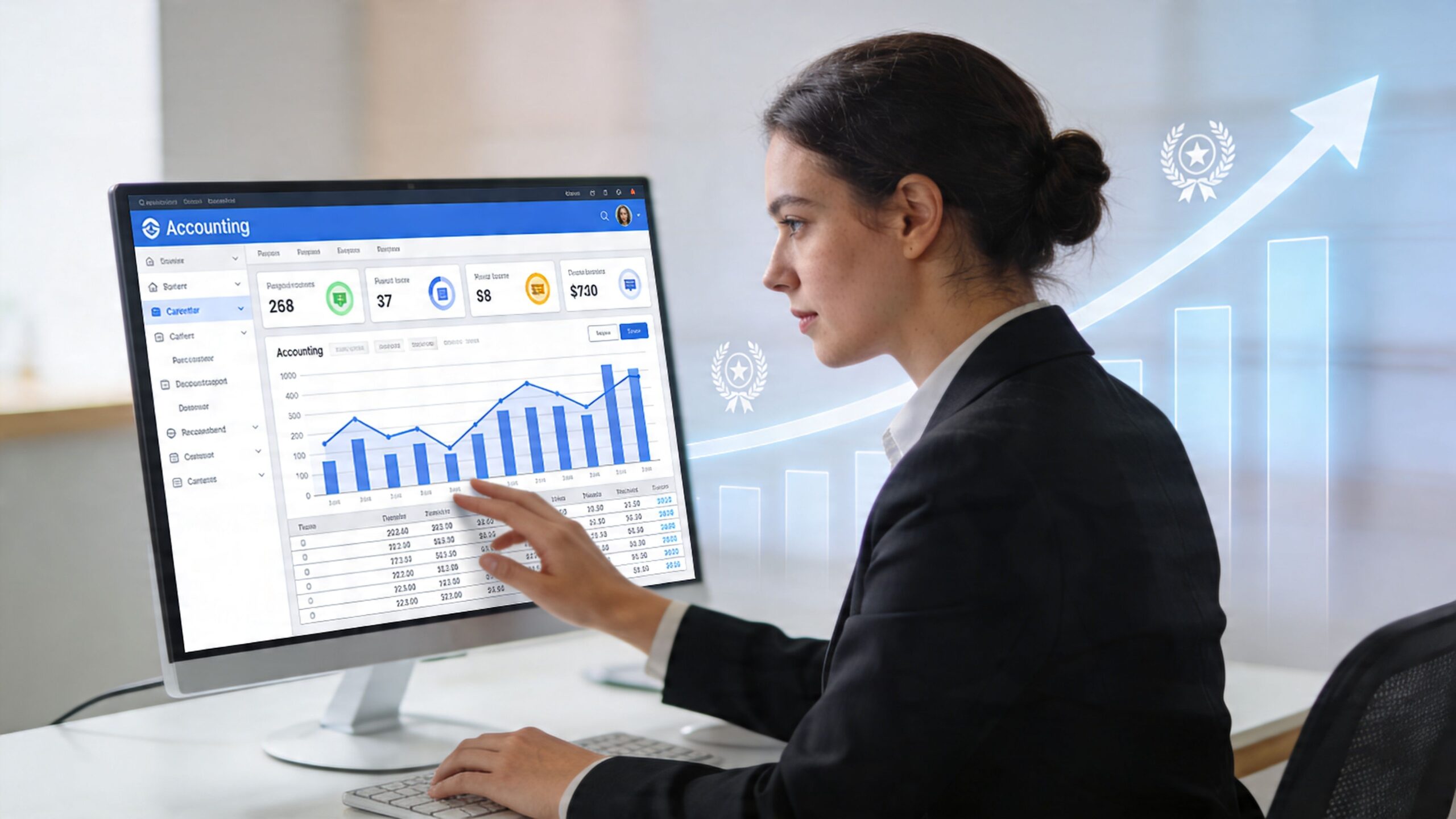 A professional woman in a suit using accounting software on a computer to manage business finances.