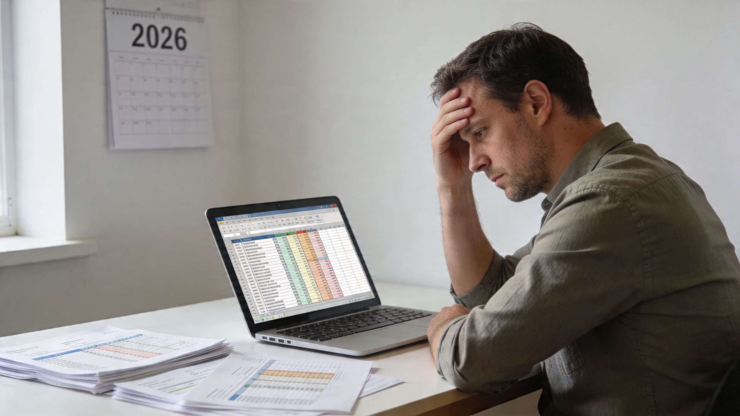 A stressed man sitting at a desk looking at financial spreadsheets on his laptop and paper documents.