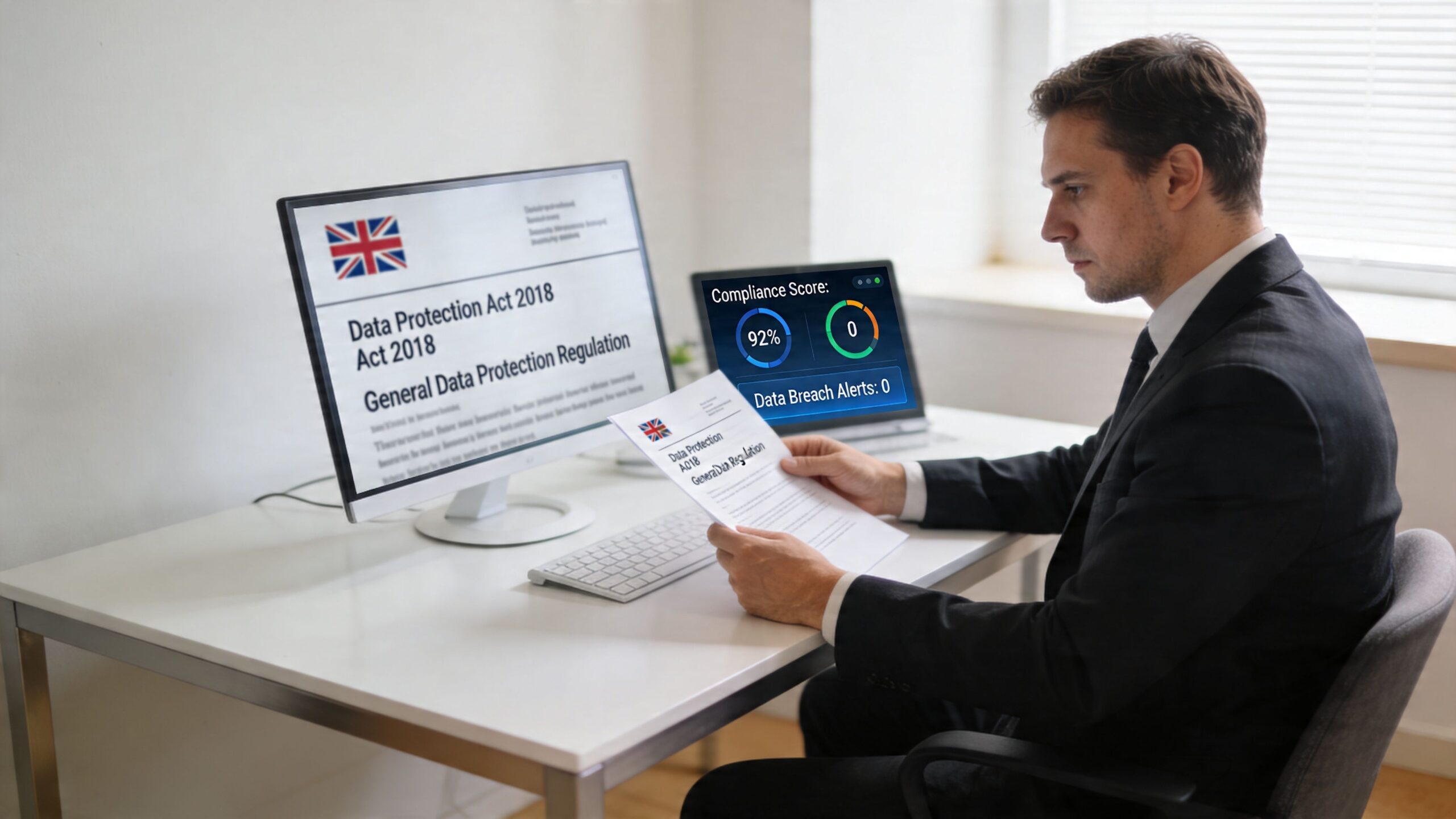 A professional man in a suit reviewing data protection compliance documents at his clean office workspace.
