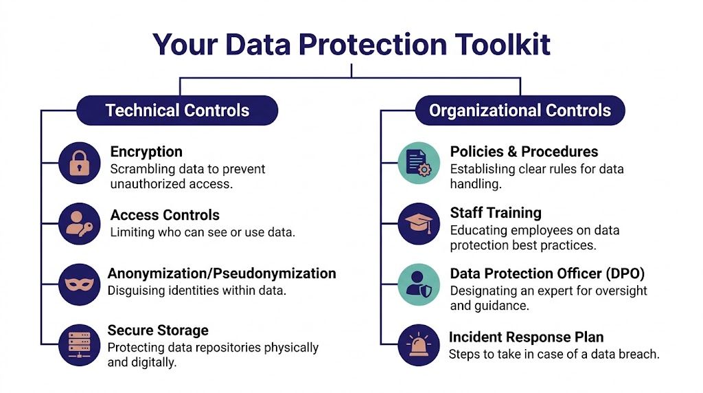 An infographic titled Your Data Protection Toolkit illustrating various technical and organizational controls for safeguarding sensitive information.