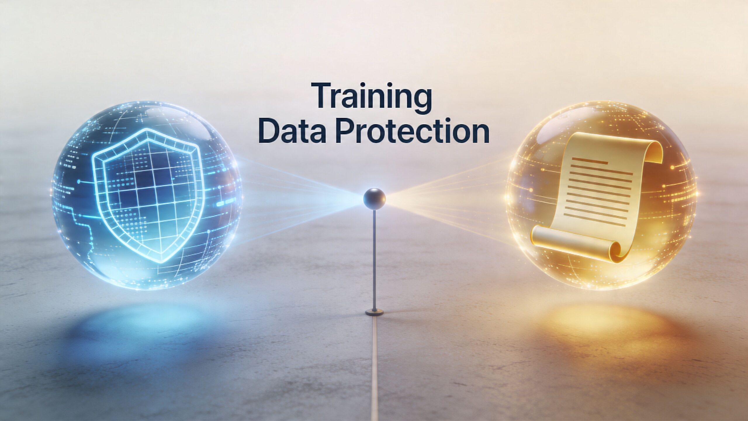 A digital graphic representing training data protection featuring a glowing shield sphere and a document scroll sphere.