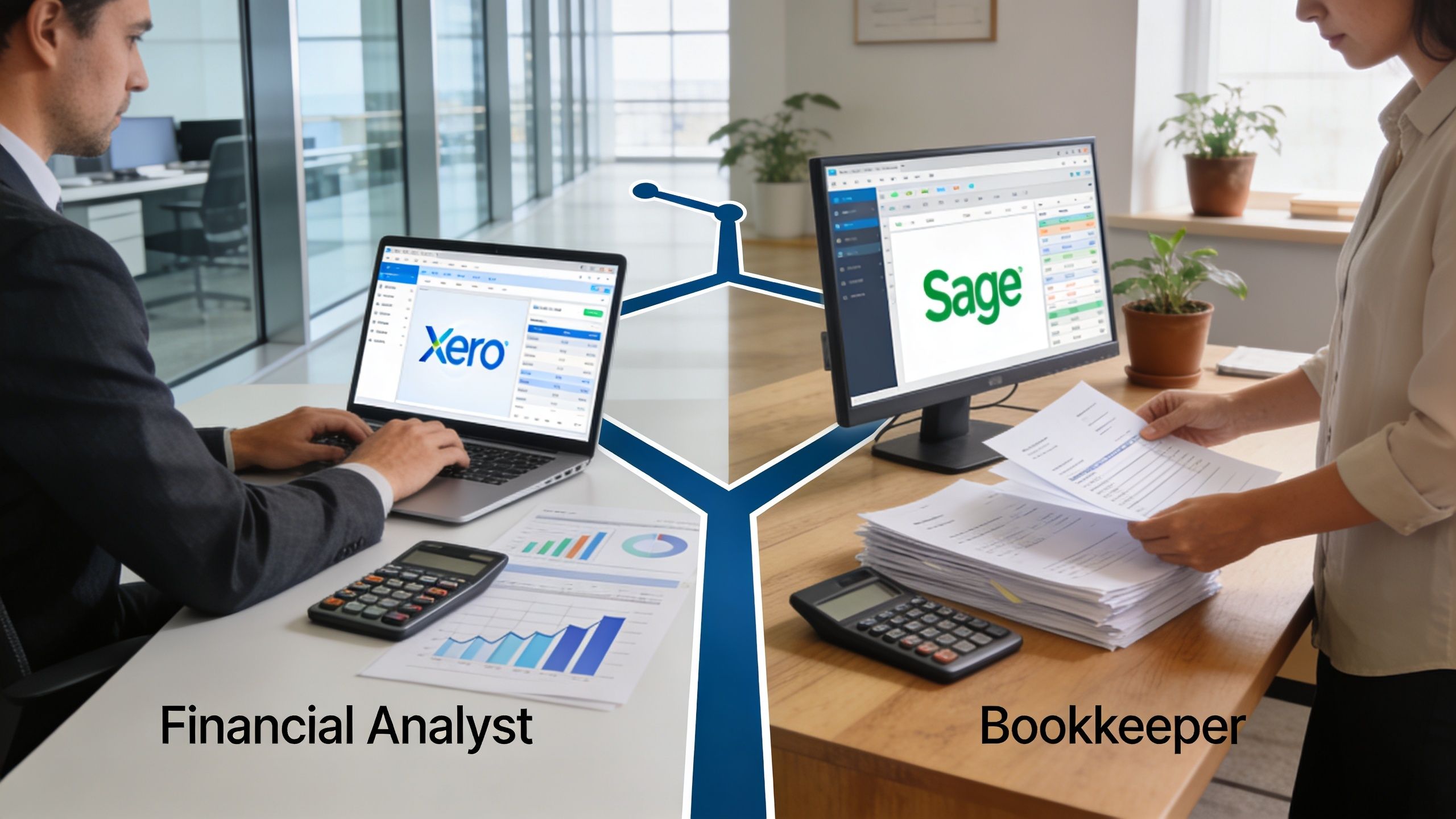 A split image comparing a financial analyst using Xero software and a bookkeeper working with Sage software.