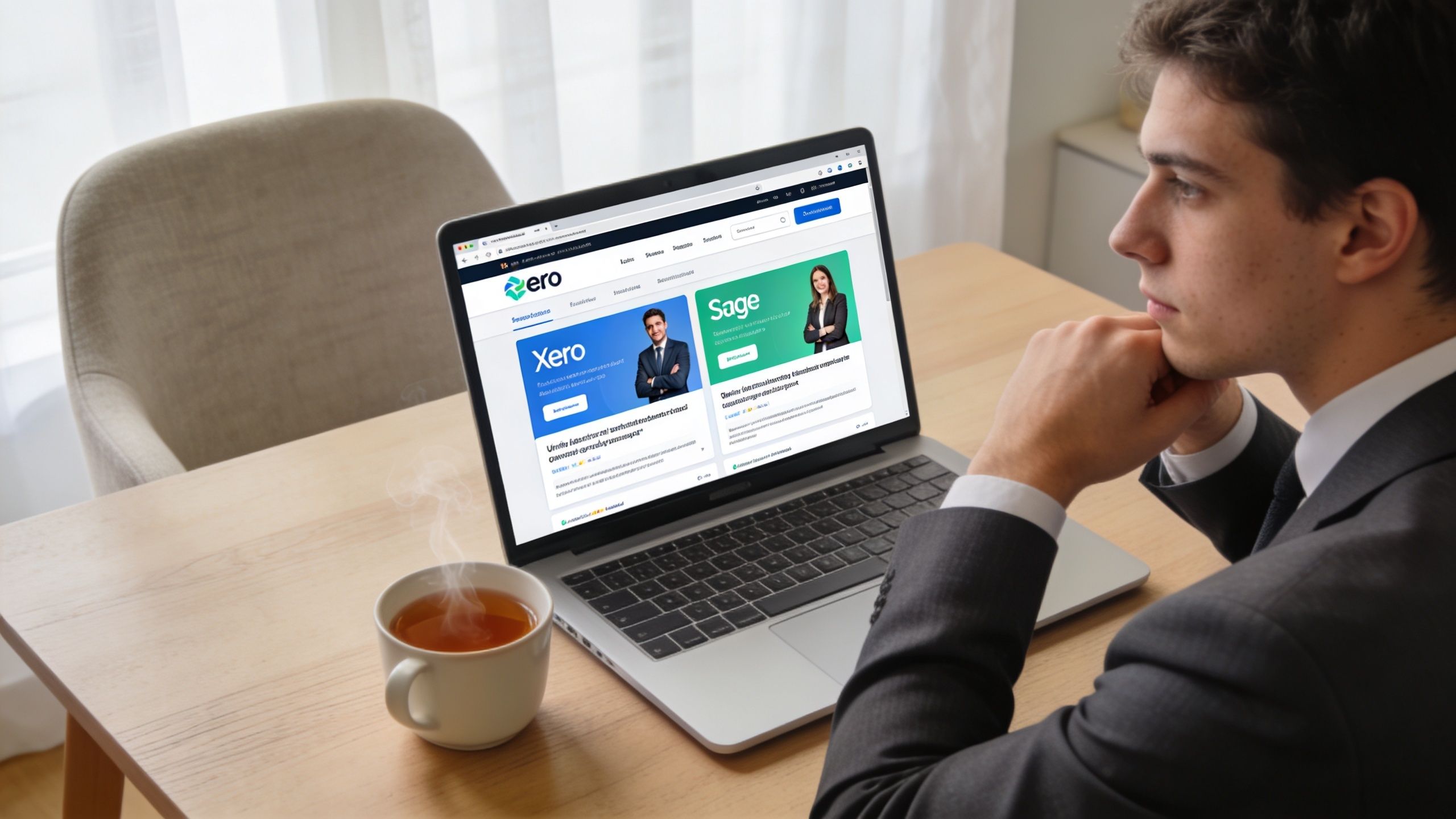 A professional man in a suit looking at a laptop displaying a comparison between Xero and Sage software.
