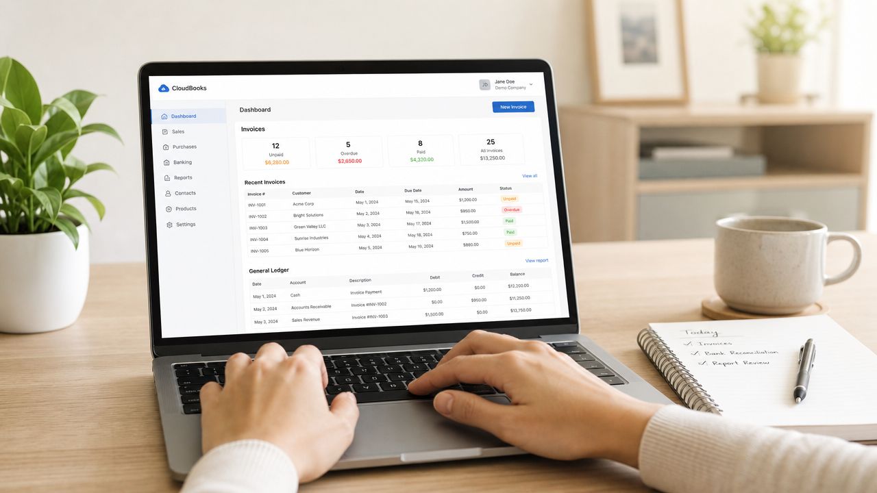 A person using a laptop to manage financial invoices and records on a CloudBooks dashboard interface.