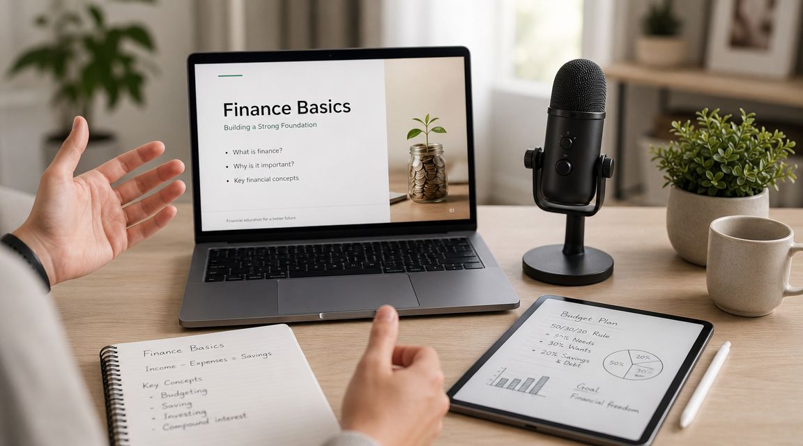 A person discussing financial literacy basics in a home office setup with a laptop, microphone, and notebook.