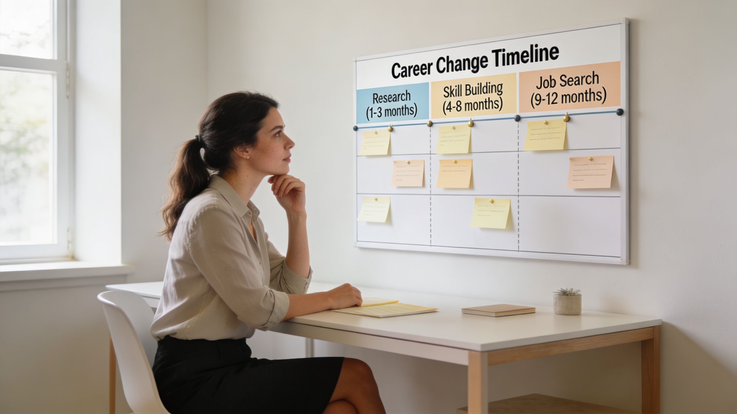 A professional woman thoughtfully looking at a career change timeline board with sticky notes in an office.