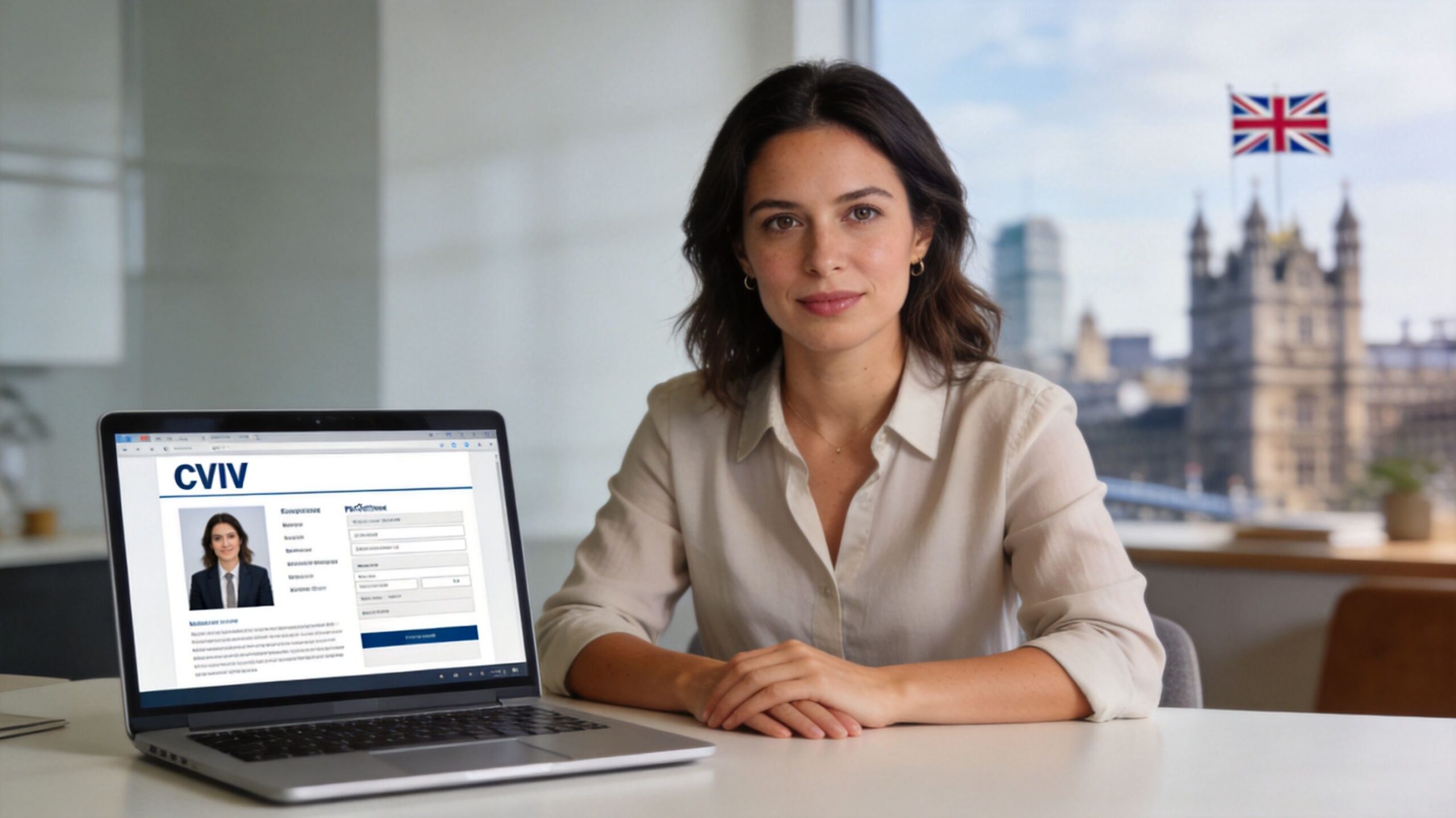 A professional woman sitting at a desk with a laptop displaying a resume, UK flag in background.