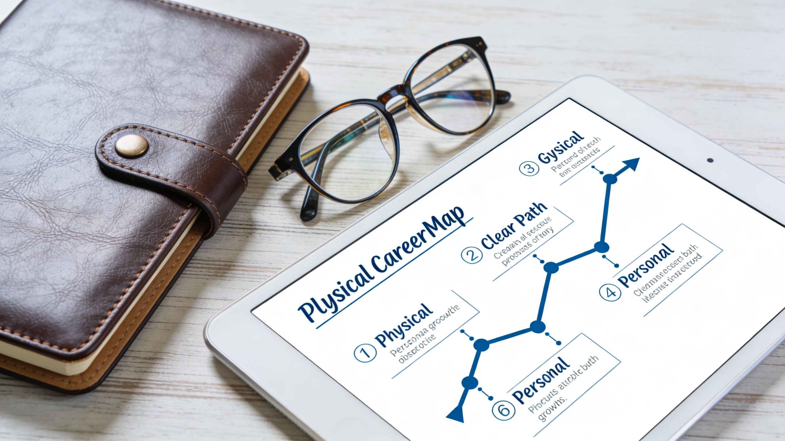 A digital tablet displaying a career map chart, alongside a notebook and glasses on a wooden table.