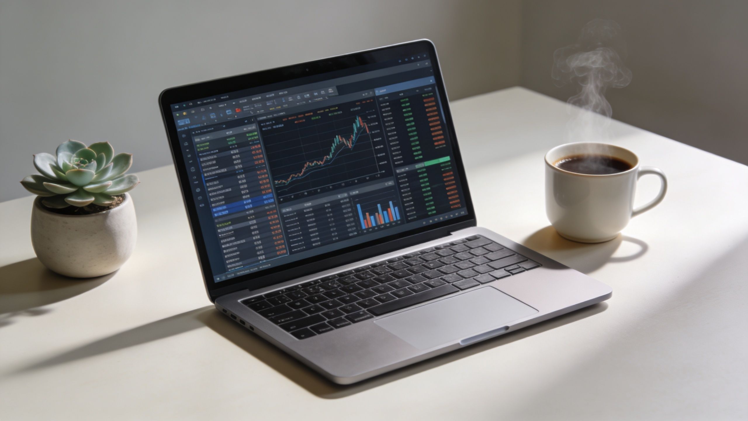 A modern laptop displaying stock market charts on a desk with a coffee mug and succulent.