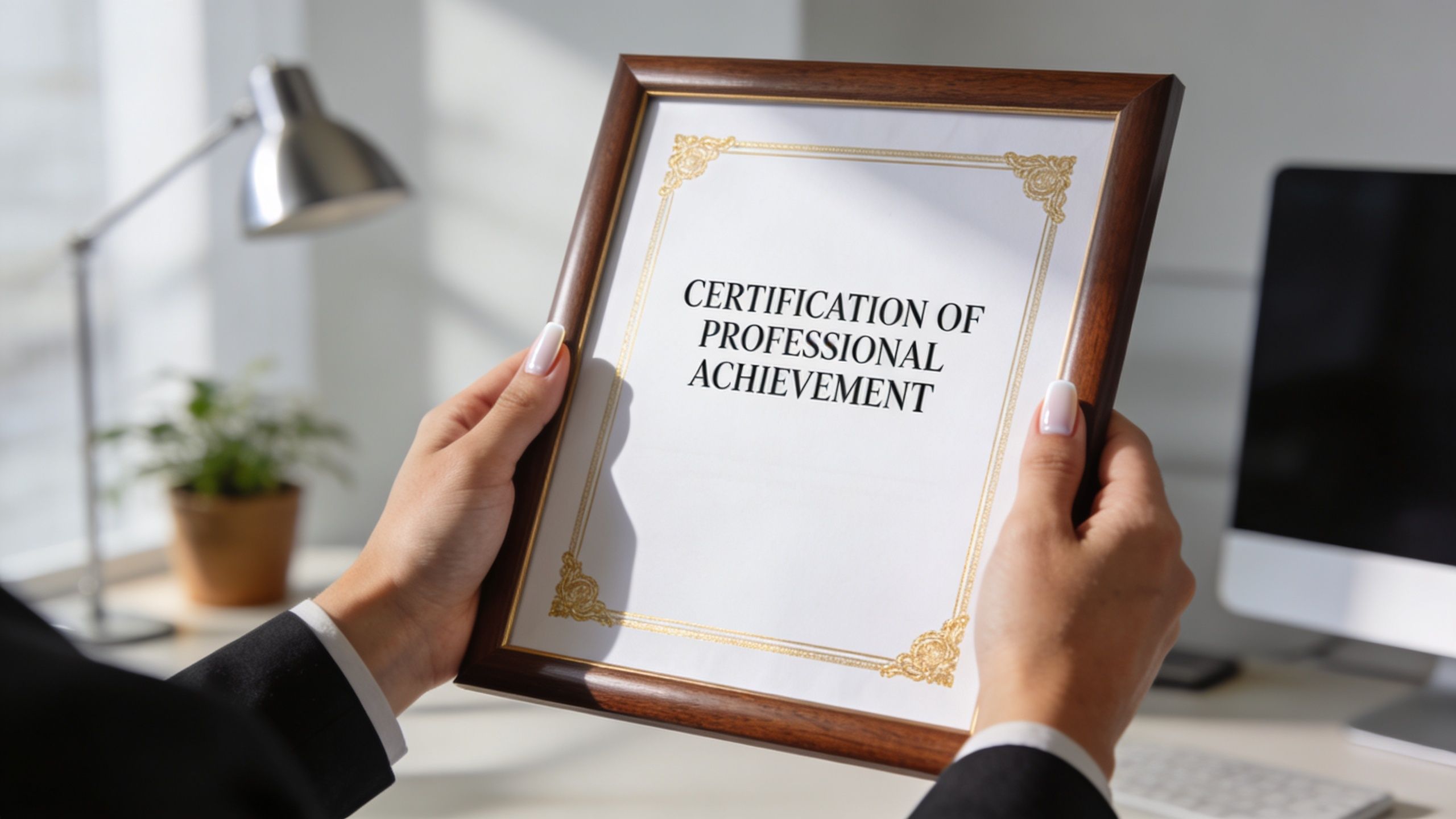 A person in a business suit holding a framed Certification of Professional Achievement award in an office.