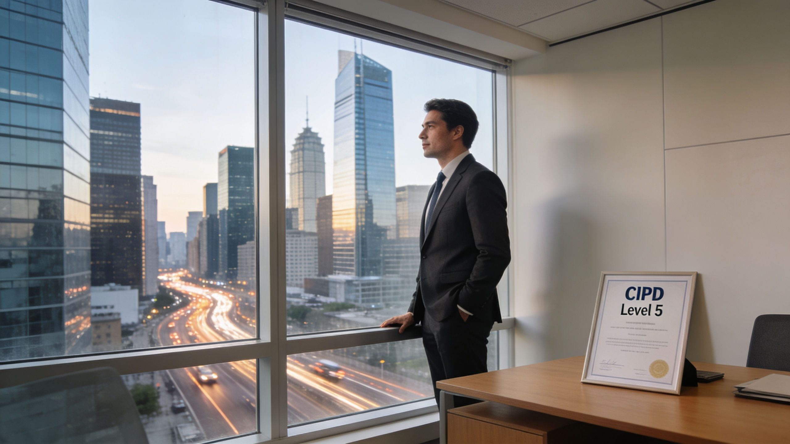 A professional man in a suit looking out of an office window at a city skyline.