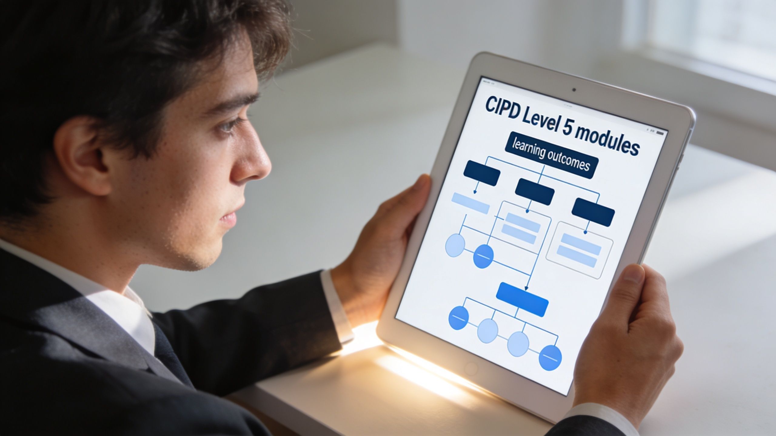 A professional man in a suit holding a tablet displaying a chart about CIPD Level 5 modules.