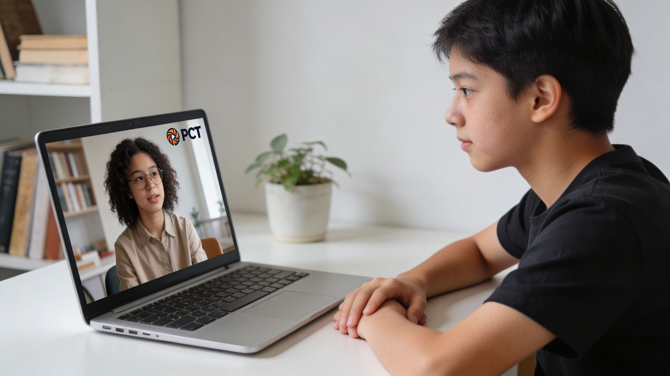A young boy sits at a desk during a remote learning session on a laptop computer.