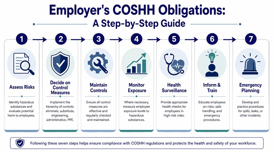 An infographic detailing the seven step-by-step COSHH obligations for employers to ensure workplace health and safety.