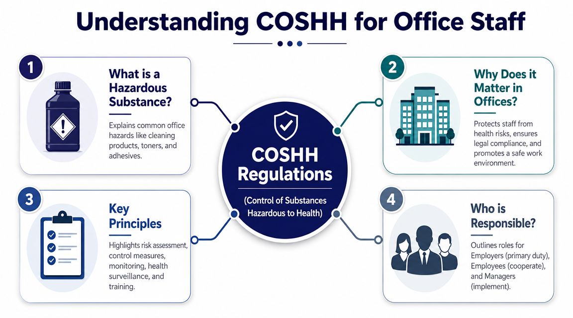 An infographic titled Understanding COSHH for Office Staff, explaining hazards, importance, principles, and responsibilities.